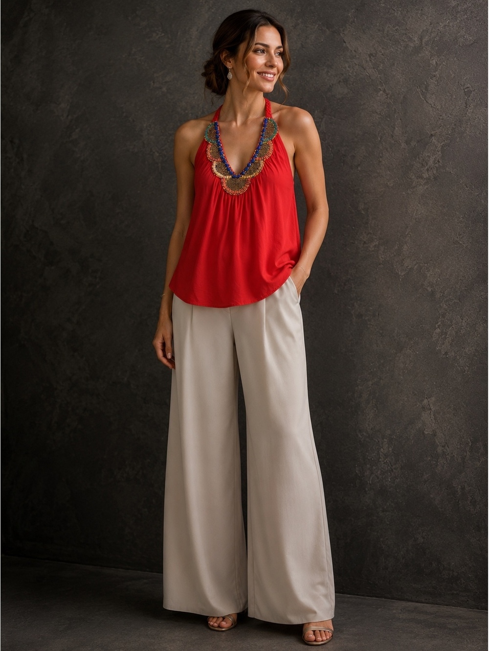 Red Halter size L Neck Beaded Embellished Summer Top